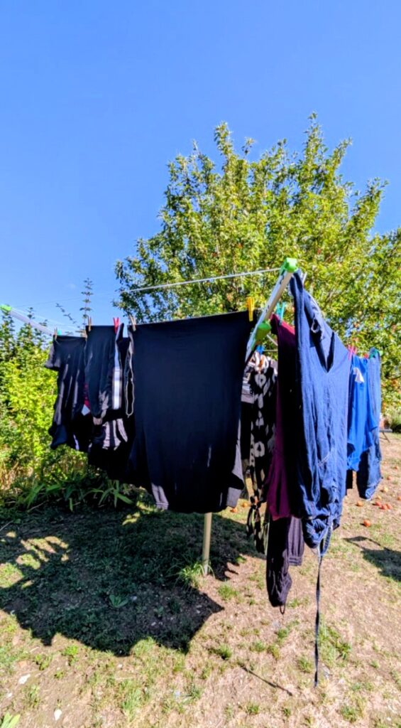 Frisch gewaschene Wäsche hängt an einer Wäschespinne im sonnigen Garten